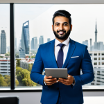 **Prompt 1: Modern Digital Real Estate Agent**
    A professional, Pakistani real estate agent, fully clothed in a modest business suit, stands confidently in a bright, modern office. They are holding a tablet displaying a sleek property listing or a social media feed with engaging content. The background features a large window with a subtle city skyline. The agent has a natural, professional pose with perfect anatomy and correct proportions, well-formed hands, and proper finger count. The image emphasizes high-quality digital marketing and online presence. Appropriate attire, safe for work, family-friendly, professional photography, high detail, realistic lighting.