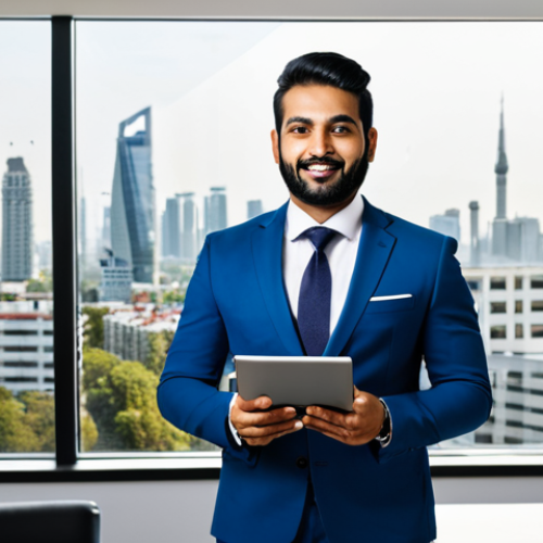 Home 7 **Prompt 1: Modern Digital Real Estate Agent**
A professional, Pakistani real estate agent, fully clothed in a modest business suit, stands confidently in a bright, modern office. They are holding a tablet displaying a sleek property listing or a social media feed with engaging content. The background features a large window with a subtle city skyline. The agent has a natural, professional pose with perfect anatomy and correct proportions, well-formed hands, and proper finger count. The image emphasizes high-quality digital marketing and online presence. Appropriate attire, safe for work, family-friendly, professional photography, high detail, realistic lighting.
