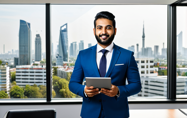 **Prompt 1: Modern Digital Real Estate Agent**
A professional, Pakistani real estate agent, fully clothed in a modest business suit, stands confidently in a bright, modern office. They are holding a tablet displaying a sleek property listing or a social media feed with engaging content. The background features a large window with a subtle city skyline. The agent has a natural, professional pose with perfect anatomy and correct proportions, well-formed hands, and proper finger count. The image emphasizes high-quality digital marketing and online presence. Appropriate attire, safe for work, family-friendly, professional photography, high detail, realistic lighting.
