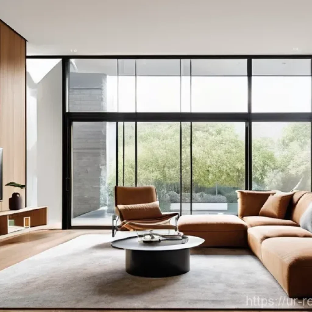 부동산 시장의 스마트 홈 트렌드 - **Prompt:** A sophisticated, modern living room bathed in warm, integrated smart lighting. The space...