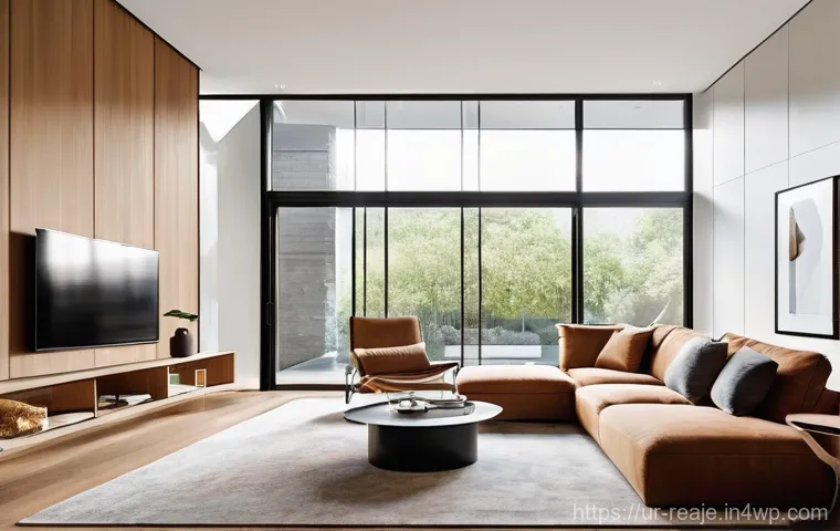 부동산 시장의 스마트 홈 트렌드 - **Prompt:** A sophisticated, modern living room bathed in warm, integrated smart lighting. The space...