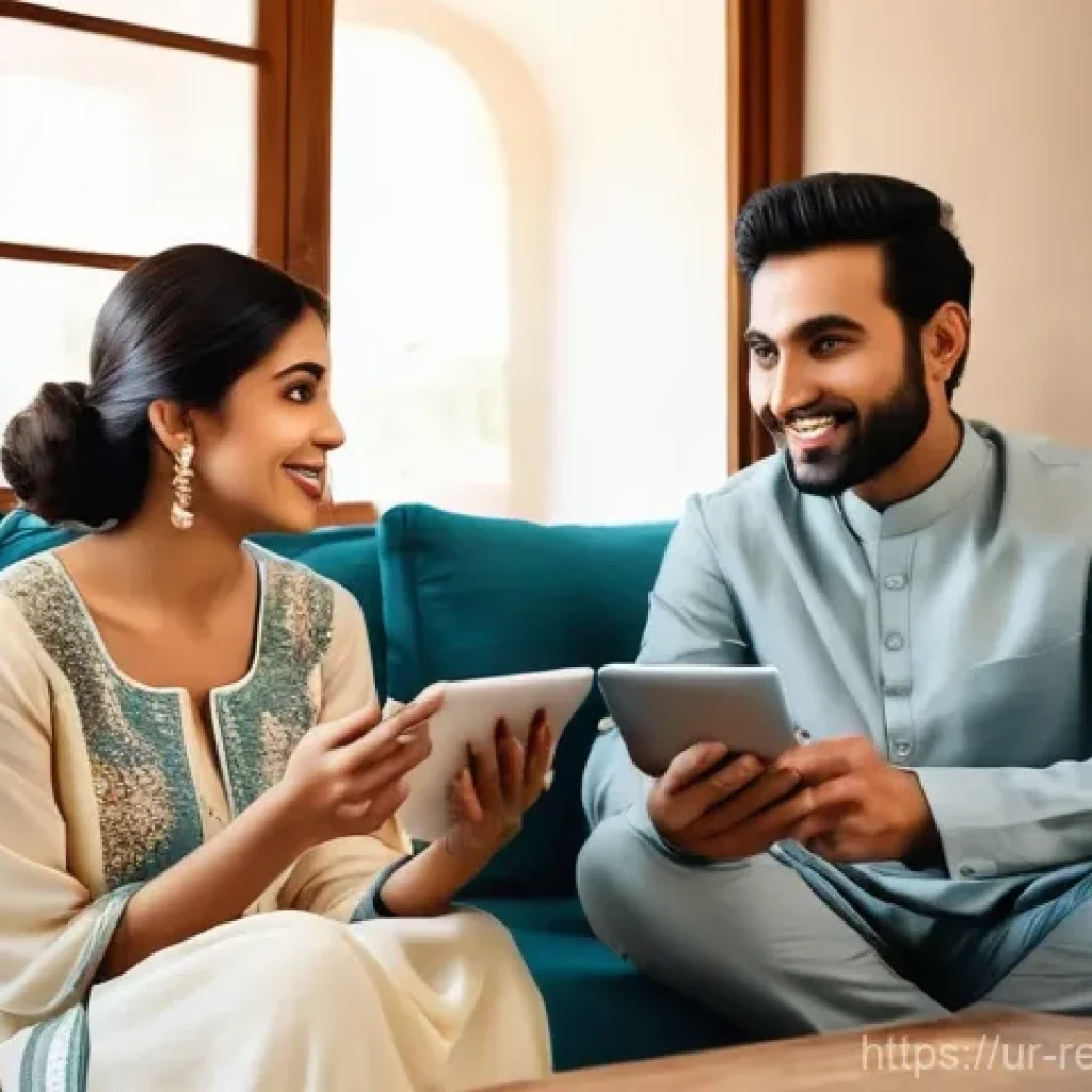 부동산 시장의 디지털화 전망 - **Prompt:** "A warm, inviting scene inside a modern Pakistani living room. A young Pakistani couple ...