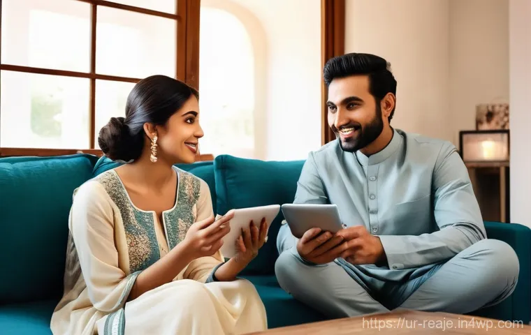 부동산 시장의 디지털화 전망 - **Prompt:** "A warm, inviting scene inside a modern Pakistani living room. A young Pakistani couple ...