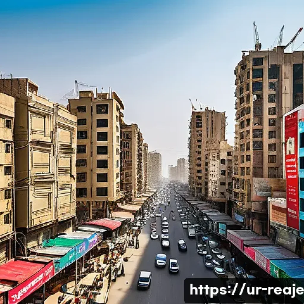 부동산 시장 전망을 위한 실무 가이드 - A detailed urban real estate market scene in Karachi, featuring a bustling cityscape with modern hig...