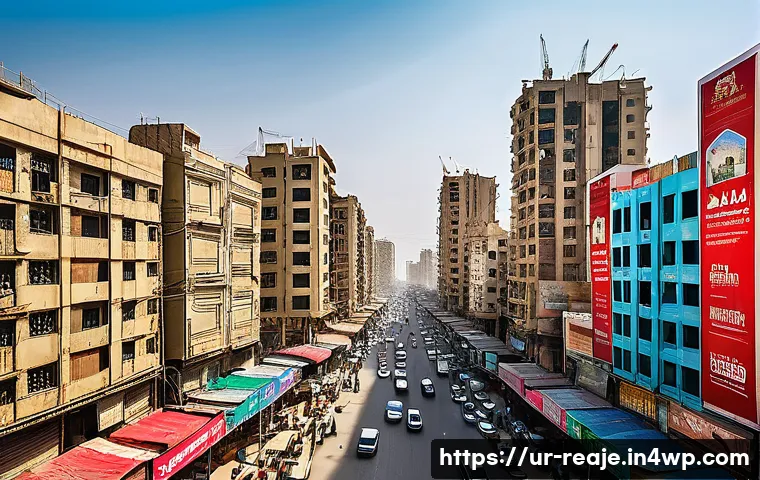 부동산 시장 전망을 위한 실무 가이드 - A detailed urban real estate market scene in Karachi, featuring a bustling cityscape with modern hig...