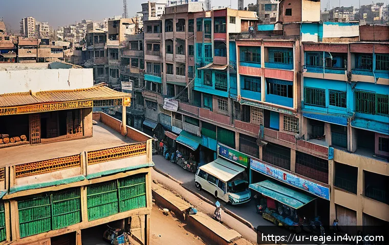 부동산 시장의 생애 주기 분석 - A detailed urban real estate market scene in Pakistan showing a bustling cityscape with diverse resi...