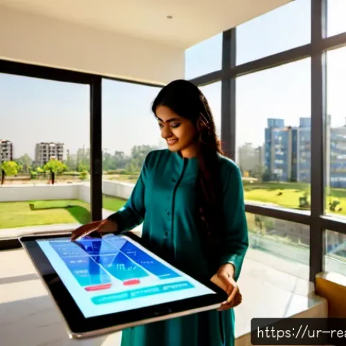 Home 17 부동산 시장의 기술 혁신과 전망 - Photorealistic futuristic real estate consultation in a contemporary Lahore property office, a Pakis...