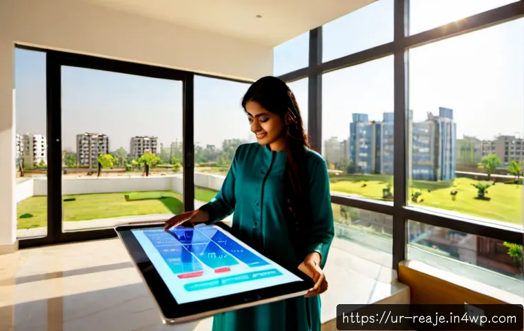 부동산 시장의 기술 혁신과 전망 - Photorealistic futuristic real estate consultation in a contemporary Lahore property office, a Pakis...