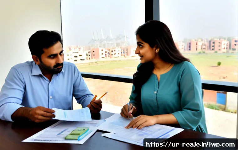 2024년 부동산 시장 주요 이슈 - Photorealistic Pakistani real estate market scene in 2024, a middle-aged Urdu-speaking couple seated...